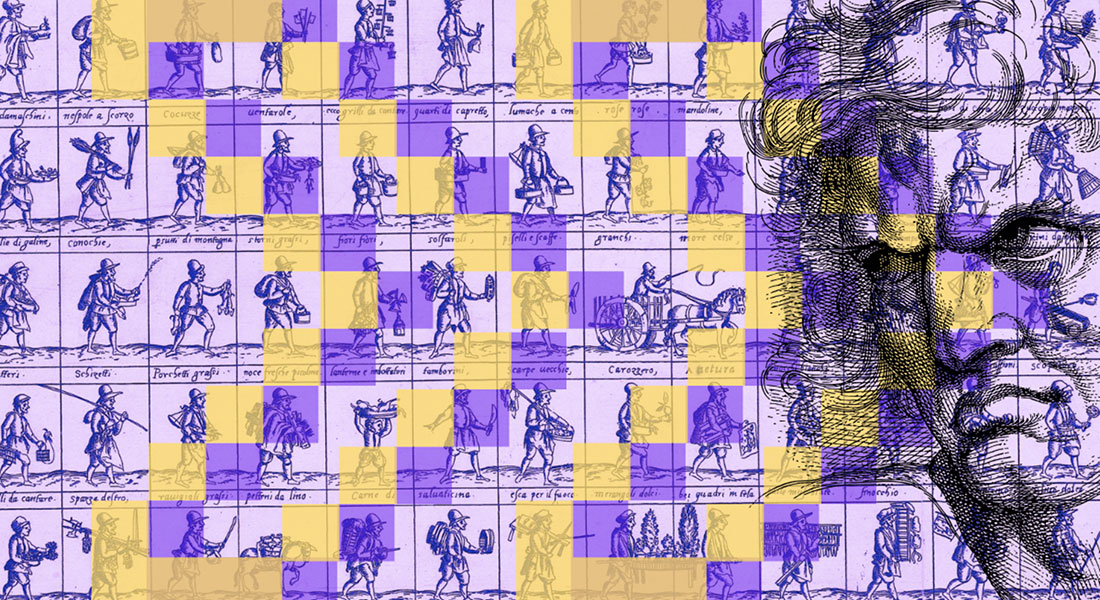 A sketch of a disgruntled man on the right side of the image is overlaid by rectangles containing sketches of individual workers. The man's gaze faces the individuals who are positioned as if they are walking in unison towards the man. The background is purple and there is a forward arrow symbol in darker purple and yellow on top of the image. 